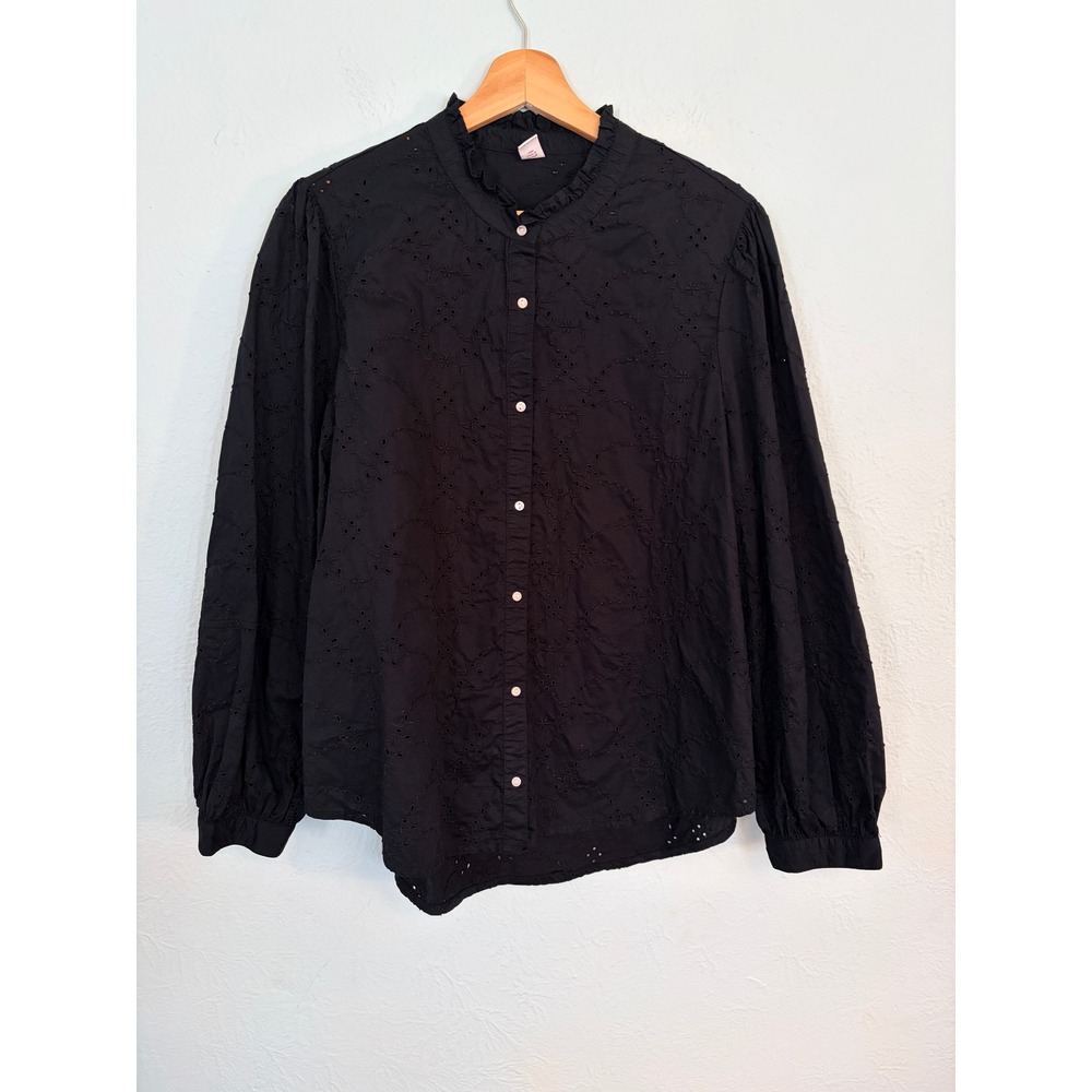 Old Navy Blouse Large Black Eyelet Ruffle Neck Long Sleeve Boho Cottagecore